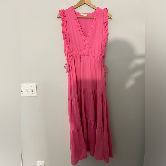 Stark X Levi Tiered V-Neck Flutter Sleeve Midi Dress Hot Pink - Picture 2 of 9